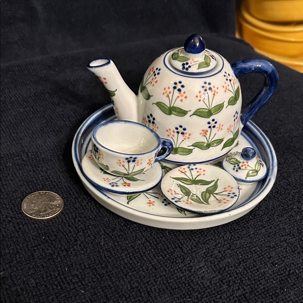 Floral Miniature 7 Piece Tea Set with Blue Accents